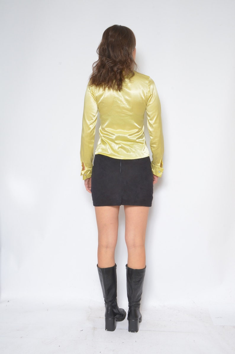 Satin Button Blouse Vintage 90s Fitted Long Sleeve Glossy yellow Shirt Size Small