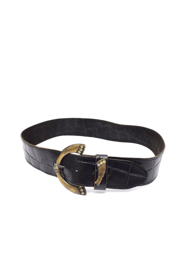 Vintage 90s Alligator Pattern Leather Belt: Rhinestone Brass  display picture 2