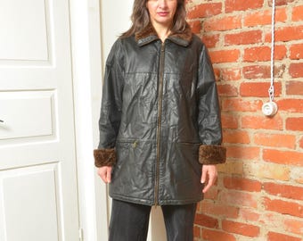 Vintage 90s Kenvelo Black Leather Coat with Faux Fur Lining Zip Front Size Large