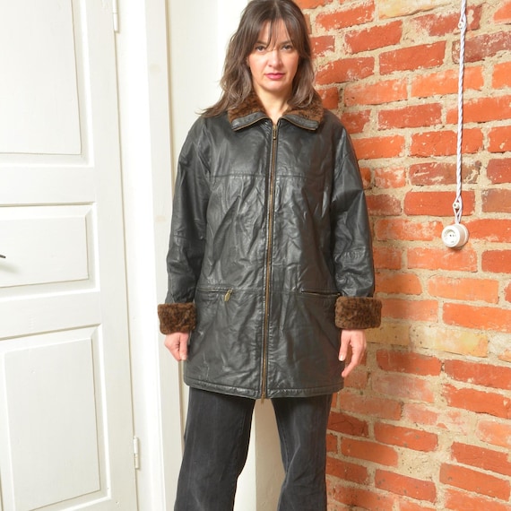 Vintage 90s Kenvelo Black Leather Coat With Faux Fur Lining Zip