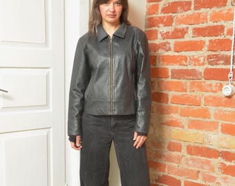 Vintage Black Leather Jacket Women Large Minimal Zip Up Classic 90s
