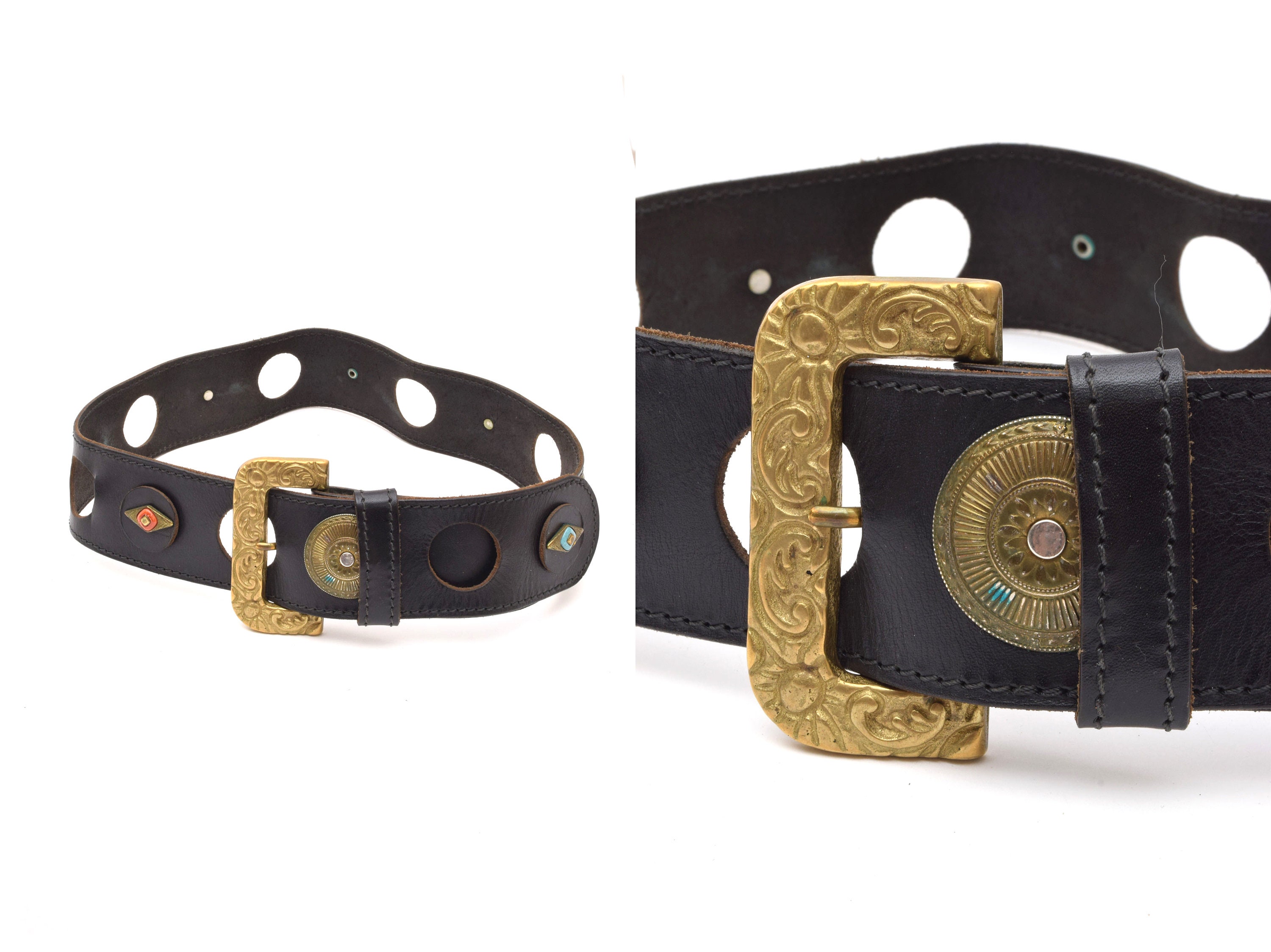 Whipstitch 90s Black Leather Belt Textural Vintage Suede Brass Hardware L Vintage 90 main image 4
