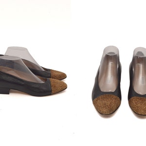 Vintage 90&#39;s Black Real Leather Pumps with Leopard Toes Genuine Leather Flat Shoes - Size: 39.5 EU