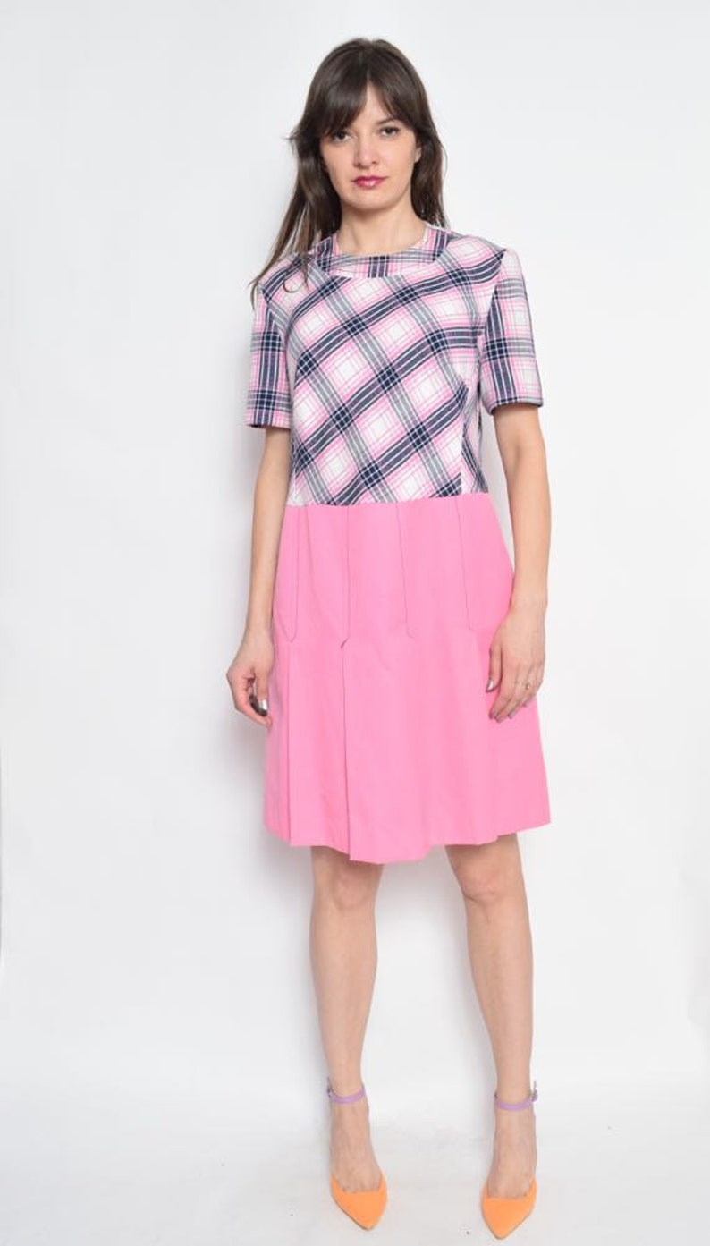 Vintage 70/'s Pink Pleated Dress Plaid Pink Dress Short Sleeve Pleated Dress