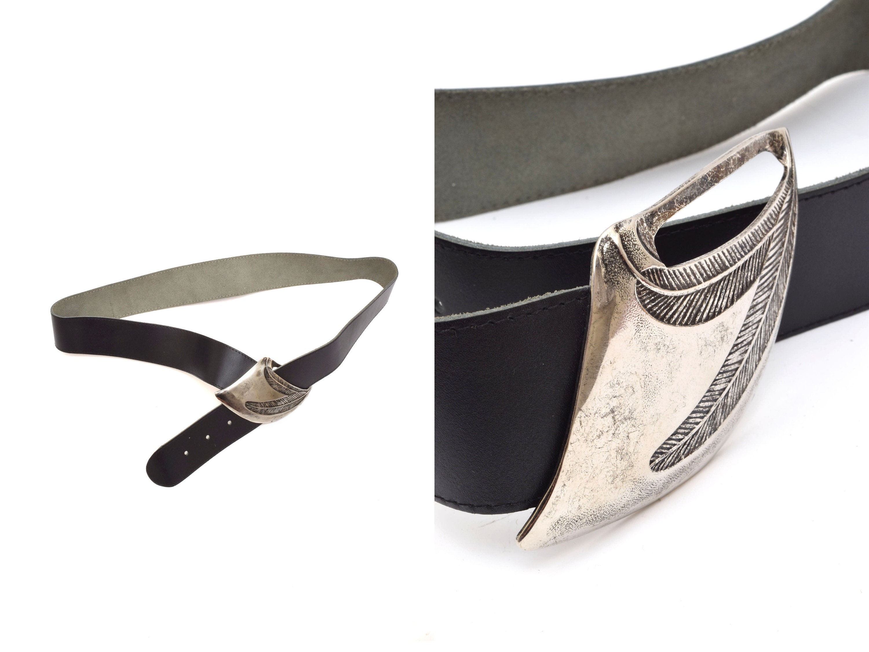 Vintage 90's Wide Black Leather Belt With Large Diagonal