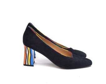 Vintage Black Suede Heels Colorful Statement Heel Made in Italy EU 38