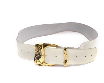 ホワイトレザーベルト | ゴールドバックル金具 - Etsy 日本