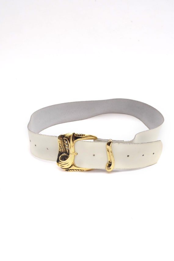 Vintage 90s White Leather Belt With Large Gold Art Deco Metal