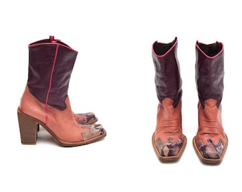 Vintage Lila und Braun Leder Chunky Heel Western Stil Fußstiefel mit Schlangenleder