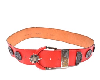 Vintage 90&#39;s Red Leather Belt with Large Buckle, Stars, and Russian Letters (Made in France)