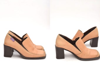 Vintage 90's Light Brown Leather Chunky Heel Loafers - Size: 37 EU / 6.5 US / 4 UK