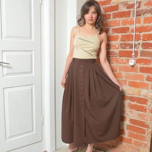 Vintage 90s Brown Button-Front Midi Skirt – Small Size High Waist A-Line Skirt