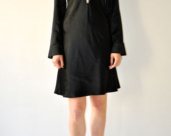 Satin Deep V-Neck Dress / Vintage 90&#39;s Black Evening Cocktail Long Sleeve Dress