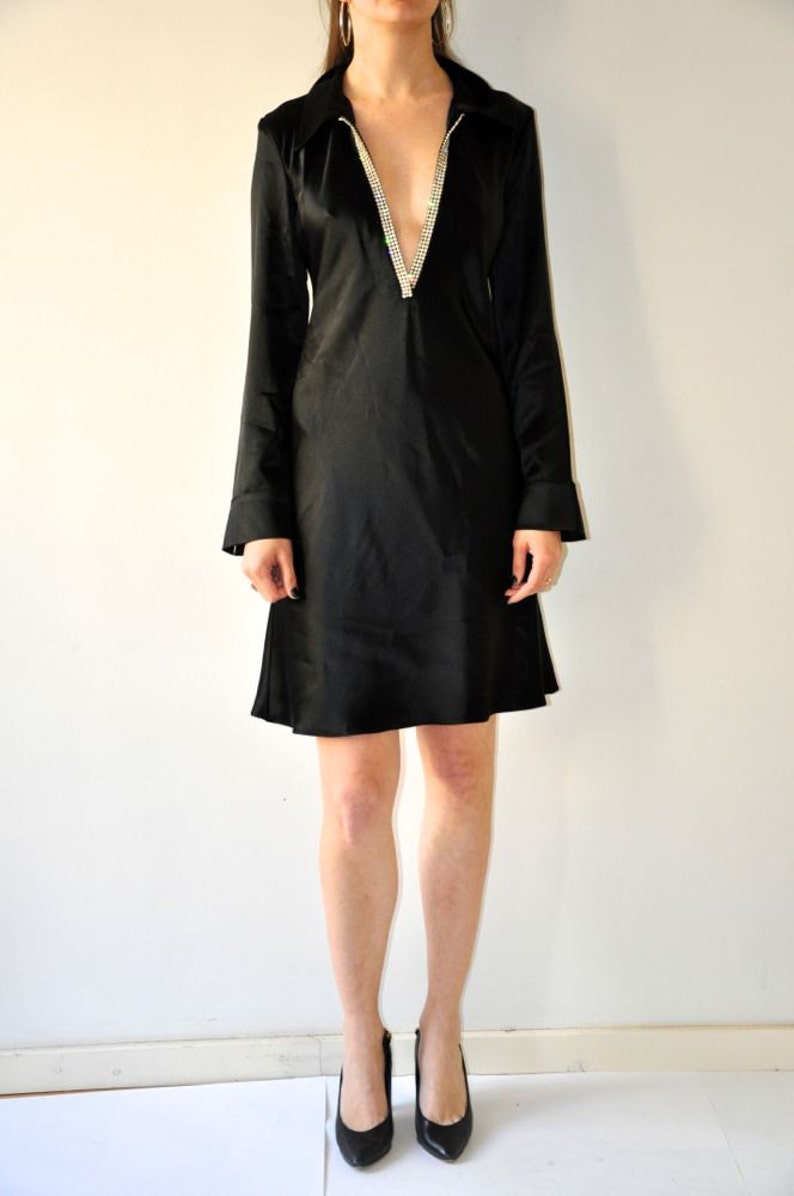 Satin Deep V-Neck Dress / Vintage 90's Black Evening Cocktail Long Sleeve Dress image 2