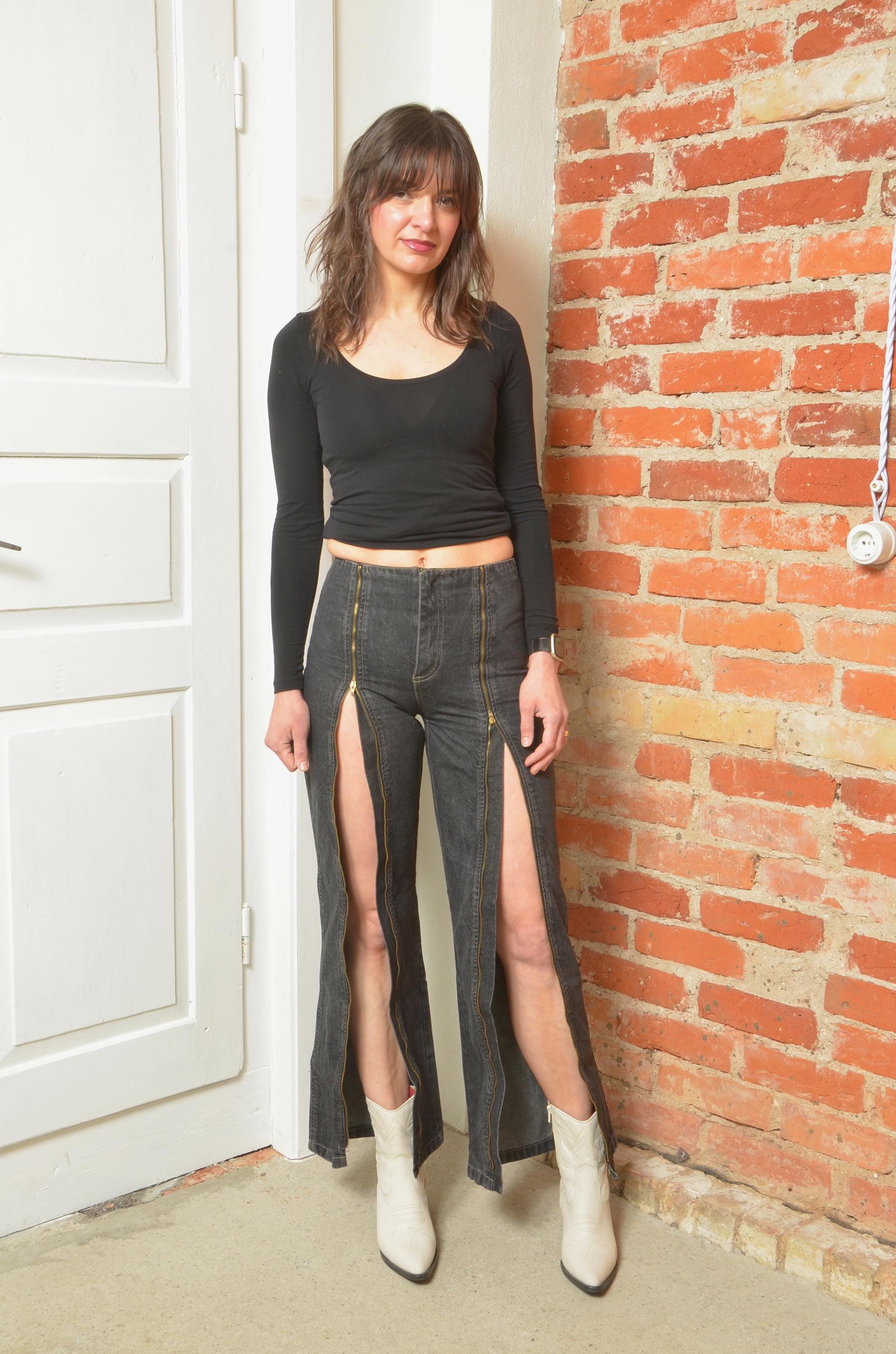 Vintage Black Flare Jeans XS High Waist Zip Front Slit Pants Y2K