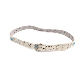 Vintage 90's White Leather Belt with Turquoise and Silver Metal Studs