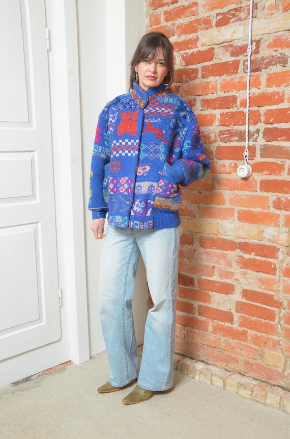 Vintage 90s Mitos Patchwork Knit Jacket Blue Folk… - image 4