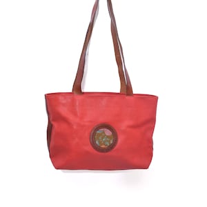 Vintage 90s Red Floral Appliqué Shoulder Bag - Soft Faux Leather Tote