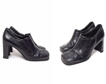 Vintage 90s Black Leather Chunky Heel Loafers - EU 36 / US 5.5
