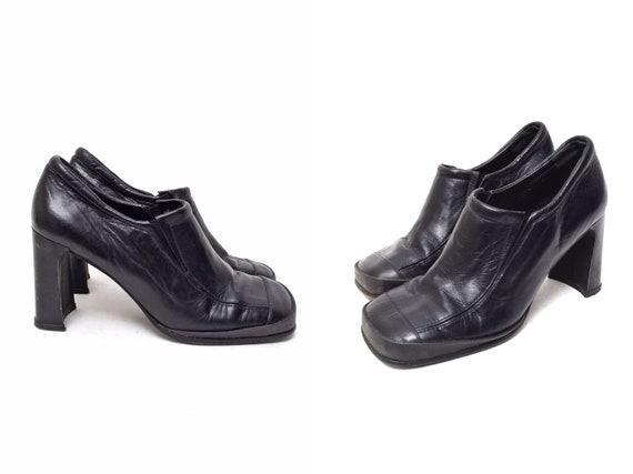 Vintage 90's Black Leather High Heel Chunky Loafers with Unique Double Layer Toes (Made in Portugal)