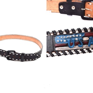 Vintage 90&#39;s Black Leather USA Belt with American Bald Eagle and Braided Silver Leather Edges