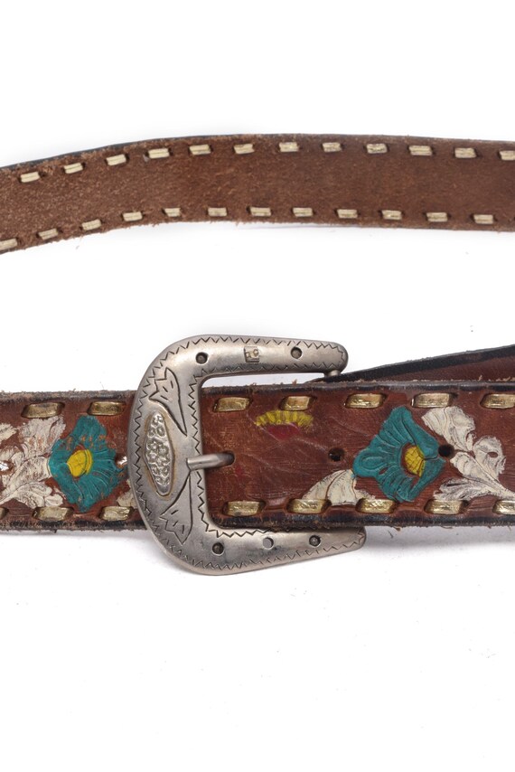 Vintage Brown Leather Belt: Embossed Floral Design, Silver 