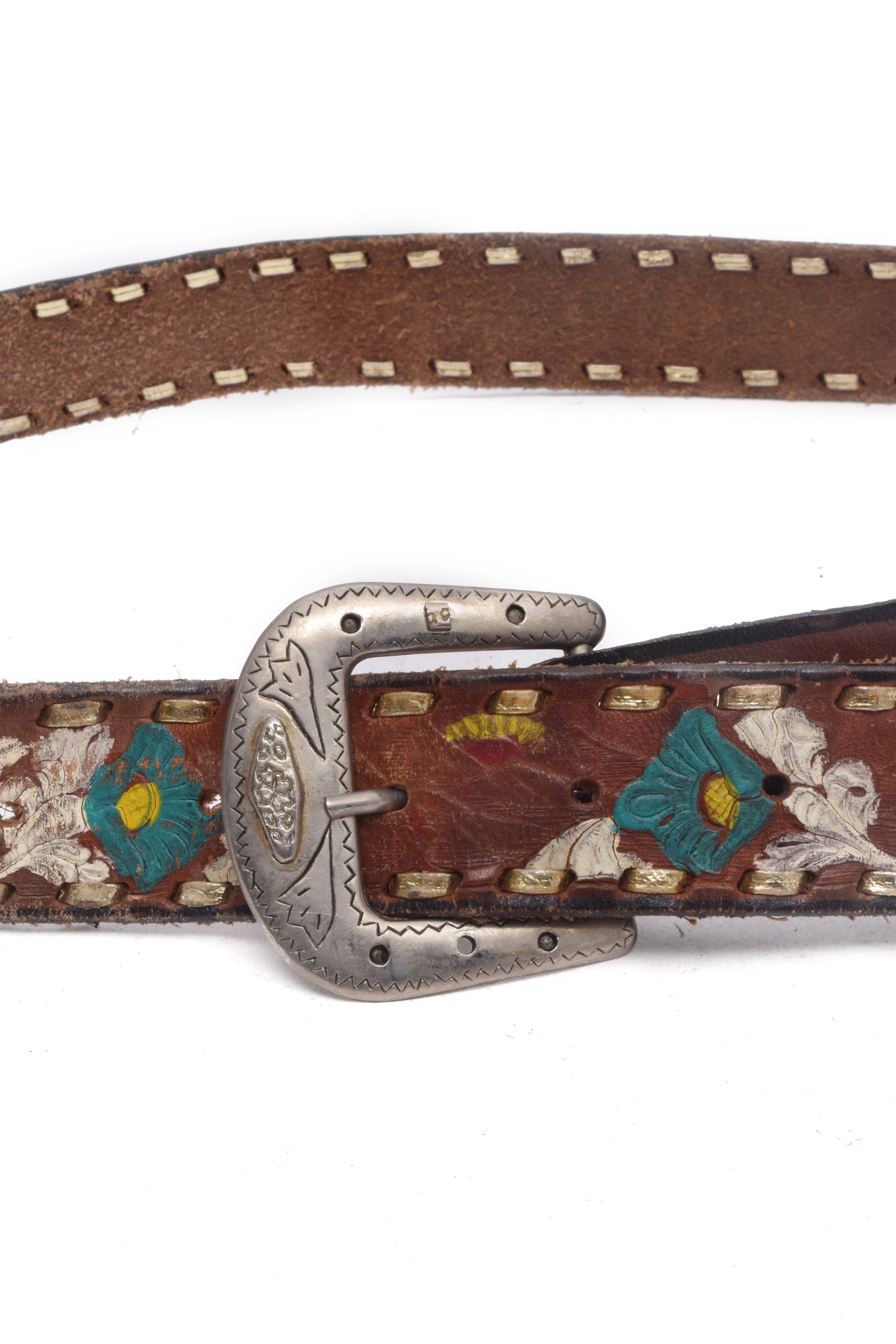 Vintage 80s Boho Chic Brown Genuine Leather Floral Engraved Silver Floral Belt Leather Belts - Brown Western Floral Embossed — Farmericana  main image 4