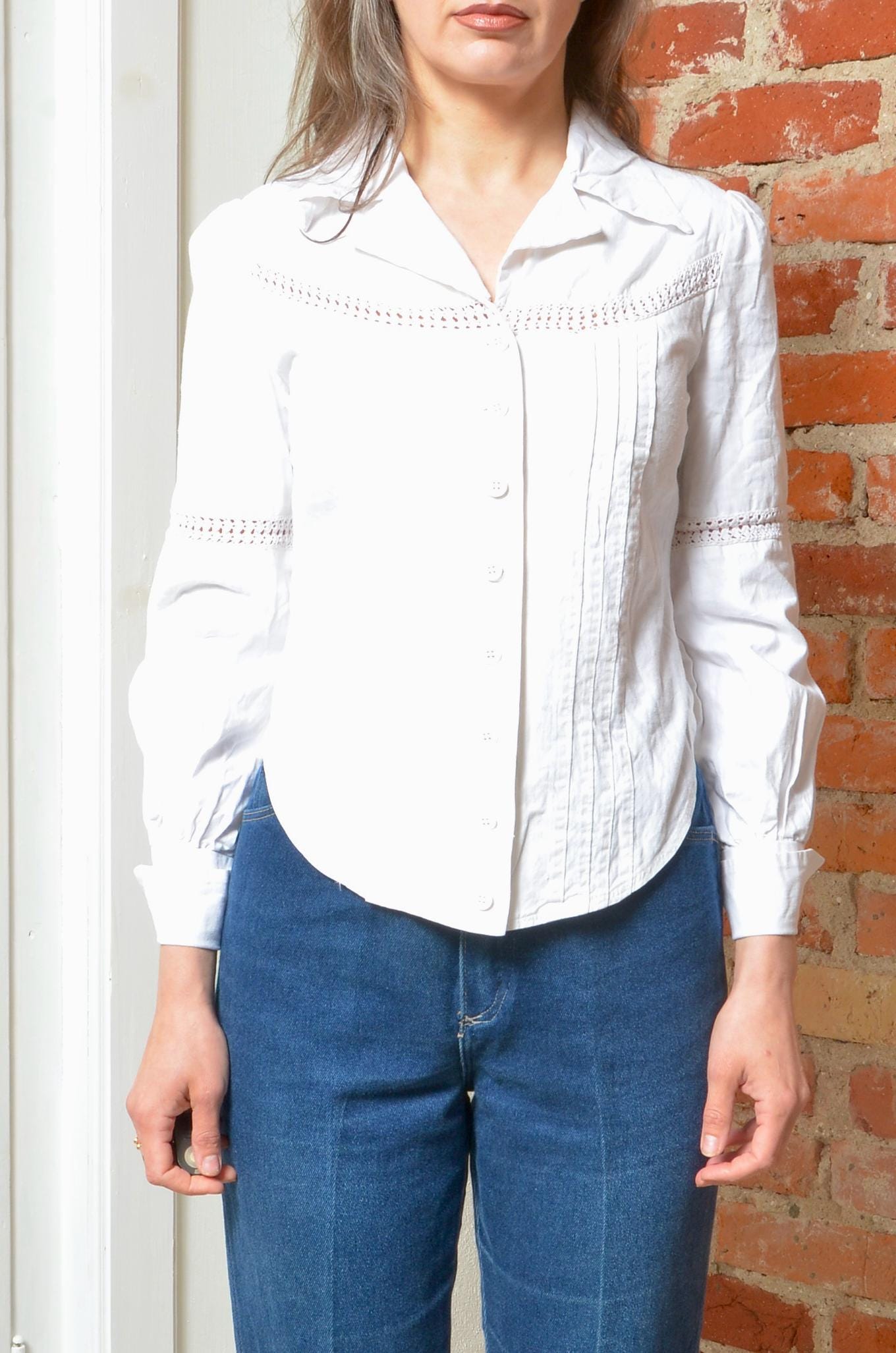 シャツ/ブラウス(長袖/七分) antique blouse with crochet and pintucks Huuilaibazoo Women Elegant Party Shirts Lace Crochet Long Sleeve