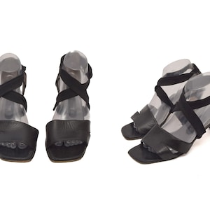 Vintage 90&#39;s Black Real Leather Strappy Sandals Peter Kaiser Curved Heels Square Toe Summer Shoes Size 38.5 US