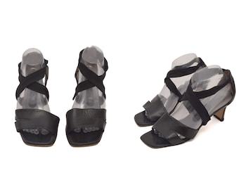 90s Peter Kaiser Leather Strappy Sandals, Black Curved Heel, US 8