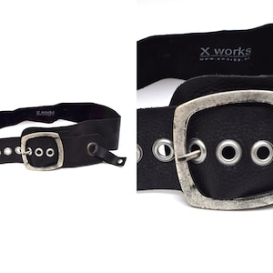 Vintage 90&#39;s Xtra Wide Black Leather Belt with Large Curved Square Silver Metal Buckle