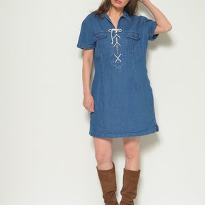 Vintage 90's Lace Up Denim Dress / Short Sleeve Jean Mini Dress Size XL image 2