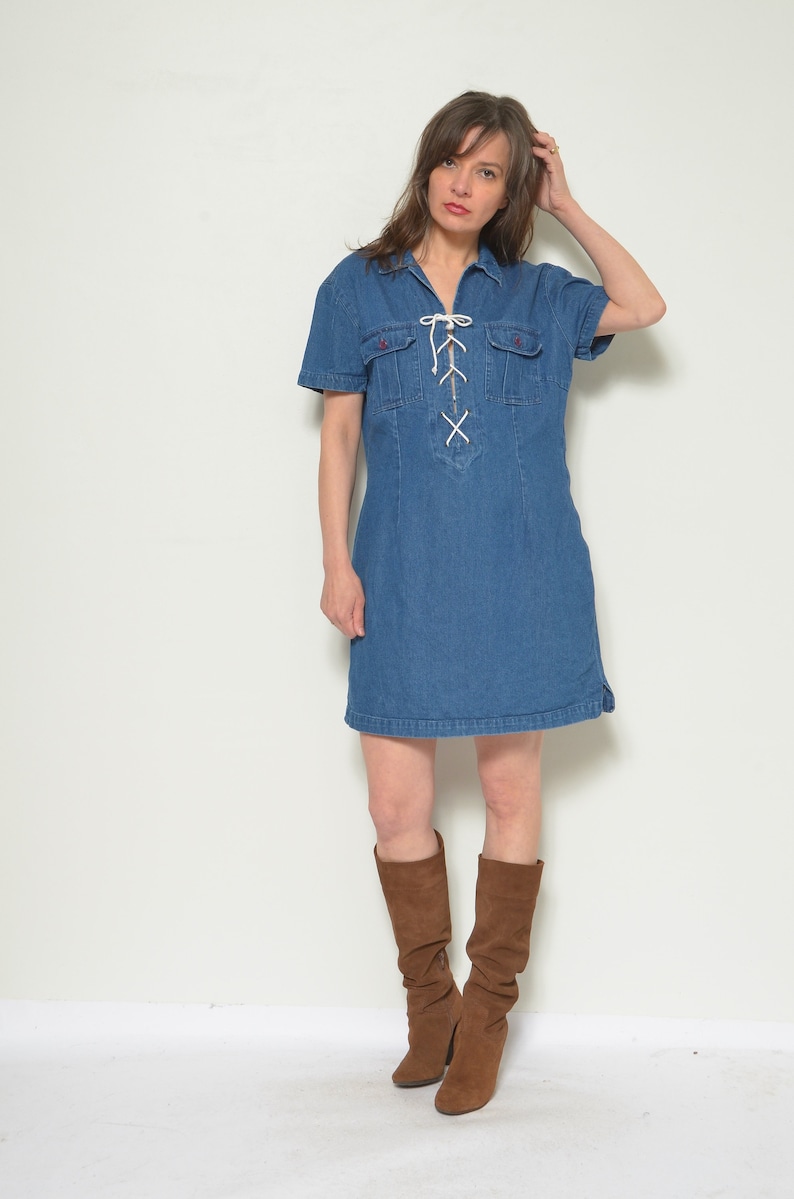 Vintage 90's Lace Up Denim Dress / Short Sleeve Jean Mini Dress Size XL image 2