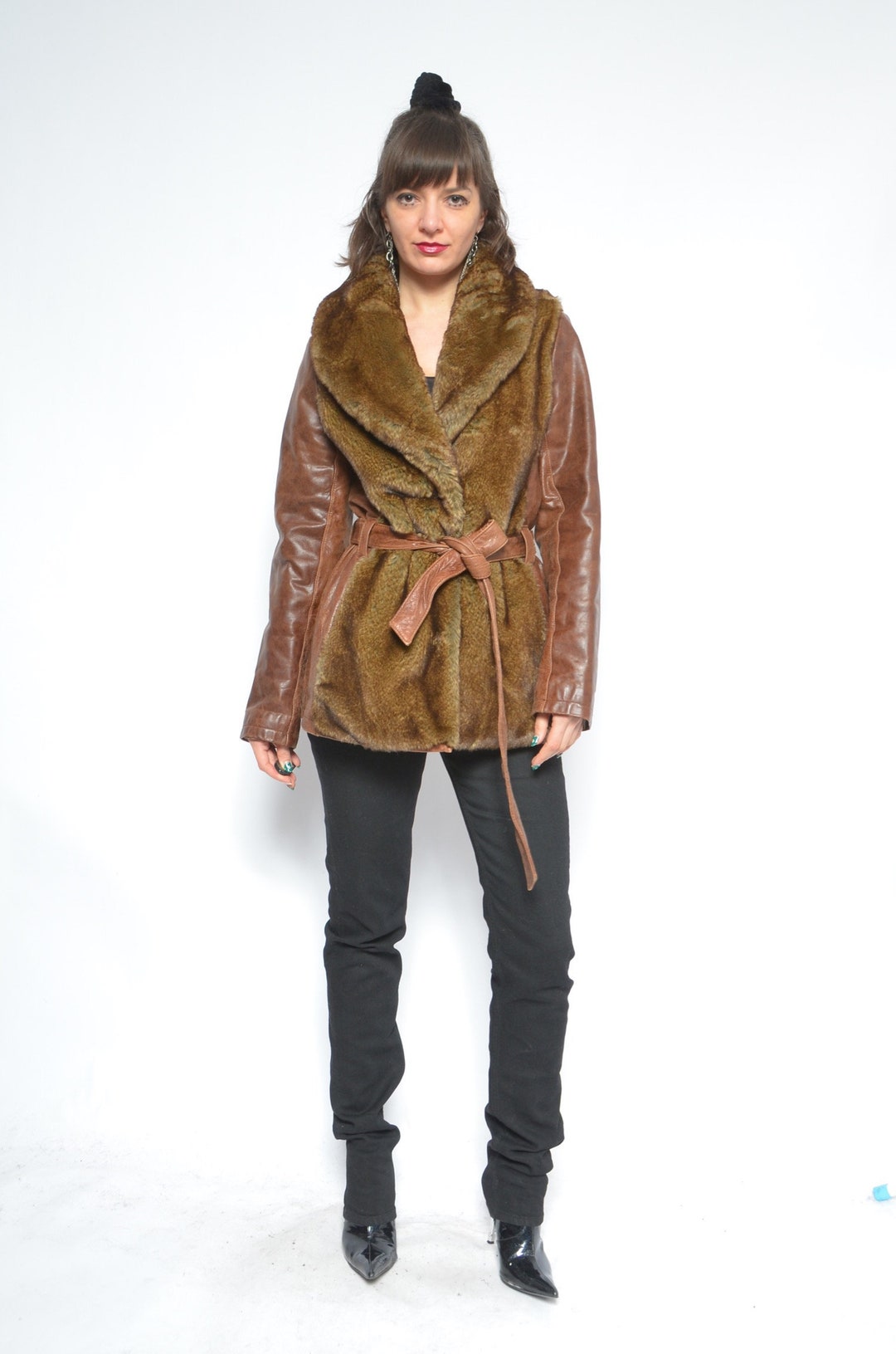 Faux Fur Coat / Vintage 90's Real Genuine Leather Belted