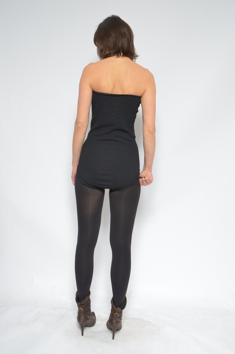 Size Large Strapless Ribbed Leotard Vintage 80s Sleeveless Black Blouse