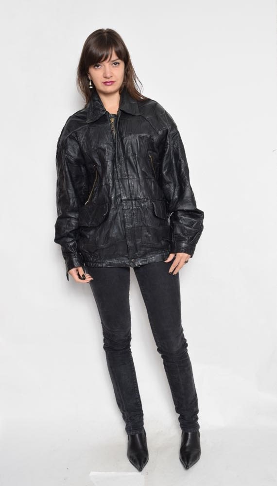 Vintage 80's Patchwork Real Leather Bomber Jacket / Black