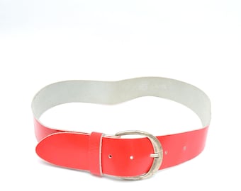 Vintage 90's Red Italian Made Leather Belt with Large Silver Metal Buckle
