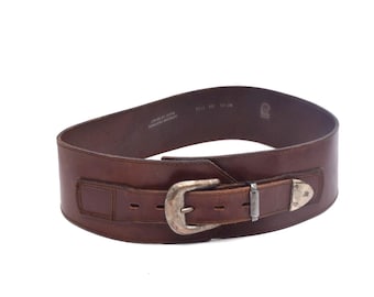 Vintage 80's Brown Wide Real Leather Belt with Large Round Brass Buckle