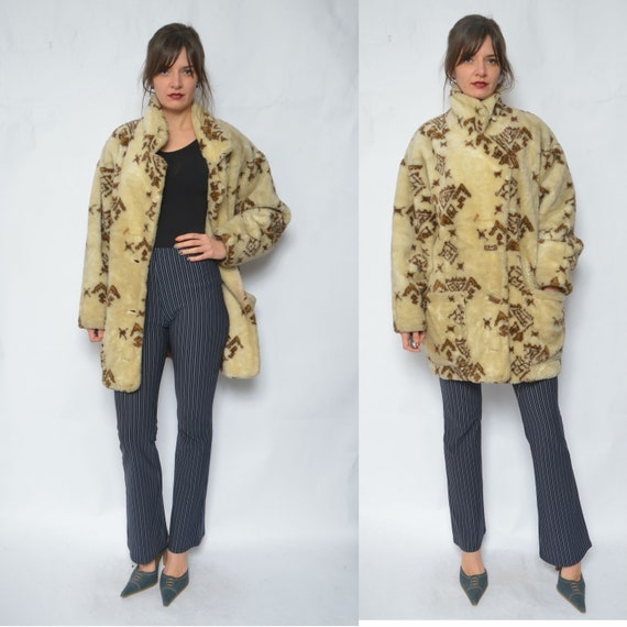 Faux Fur Jacket Winter Coat /Vintage 80's Abstract
