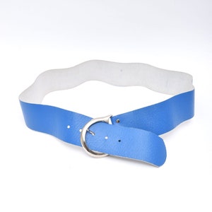 Vintage 1990&#39;s Blue Leather Belt with Round Slanted Silver Metal Buckle