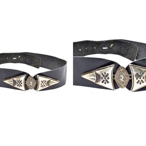 Vintage 90&#39;s Wide Black Leather Belt with Large Silver Art Deco Clasp Buckle
