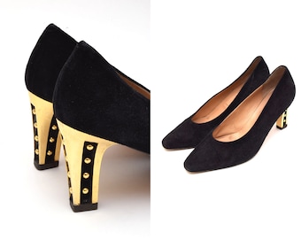 Vintage 90s Black Suede Leather Pumps with Gold Metal Beaded Heels