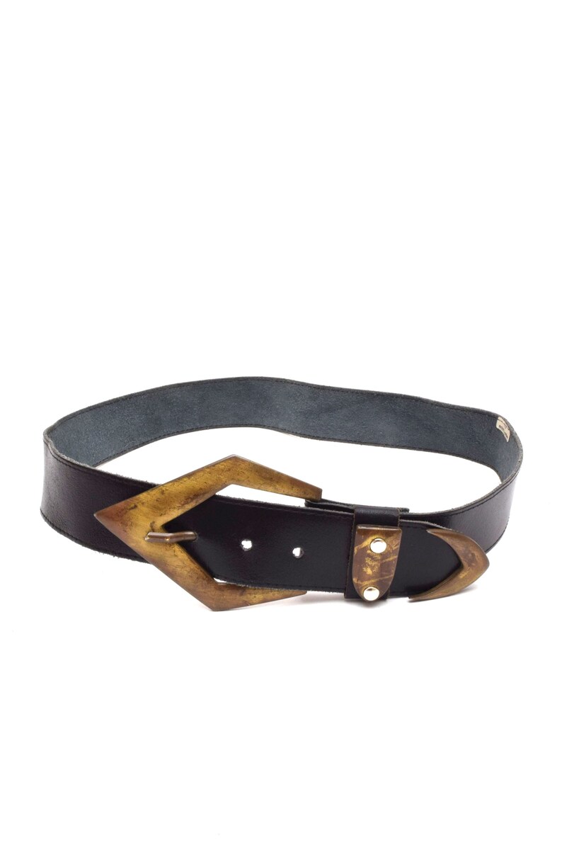 Vintage 90s Black Leather Belt with Large Brass Arrow Shaped Metal Buckle