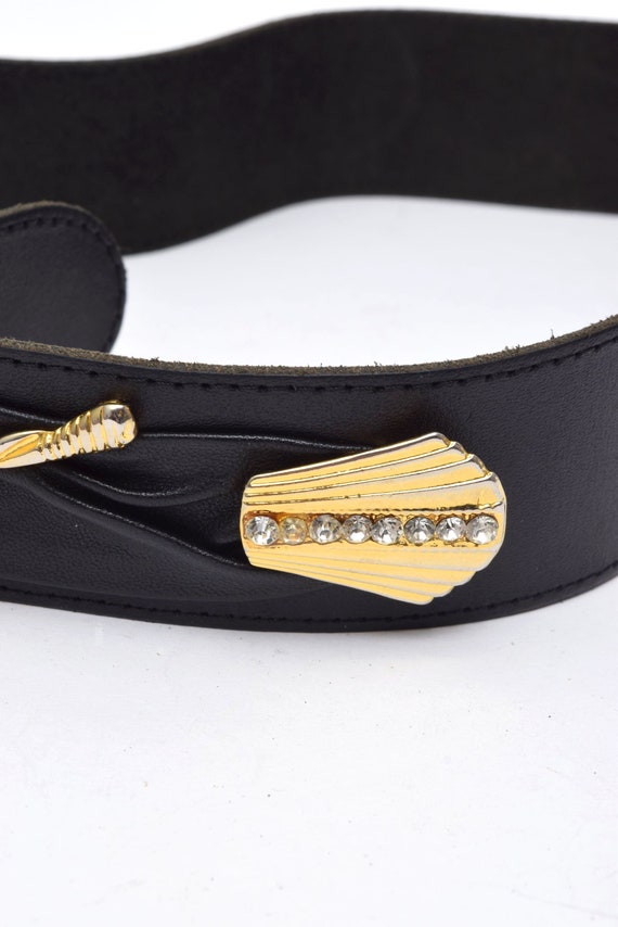 Vintage 90's Black Leather Belt with Gold Art Dec… - image 4