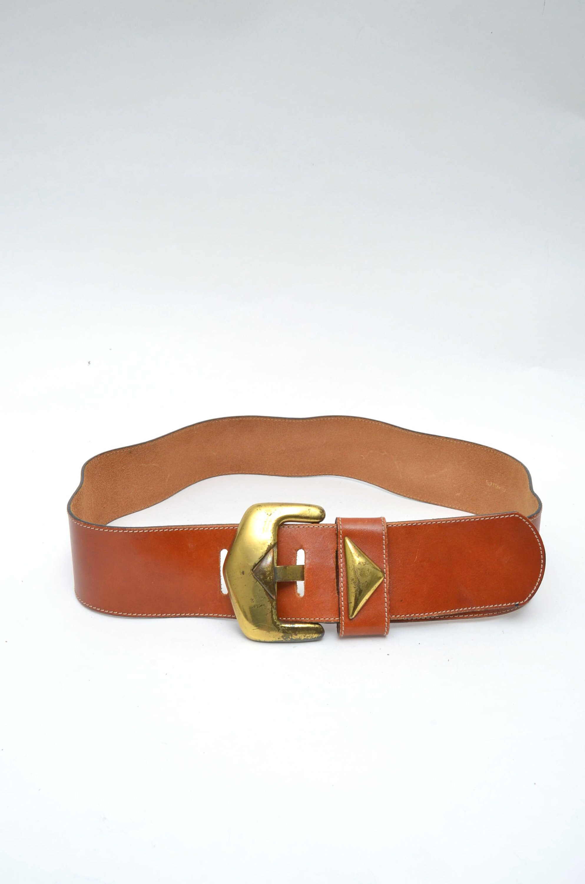 VINTAGE Brown Leather Belt with Gold Buckle Sz M 34 Inches Long Vintage Genuine Leather Belt: Gold Buckle, Size 34 Men main image 4