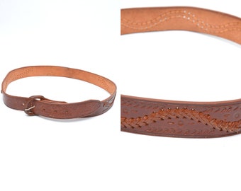 Vintage 90's Western Brown Thick Leather Belt with Leather Buckle and Embossing