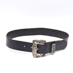 Vintage 90&#39;s Black Leather Belt with Ornate Silver Metal Buckle