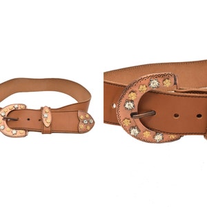 Vintage 90&#39;s Brown Wide Real Leather Belt with Large Metal Buckle and Floral Symbols