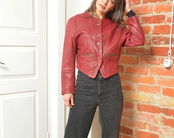 Vintage 80 Red Leather Cropped Jacket – Fitted Leather Blazer – Women’s Small