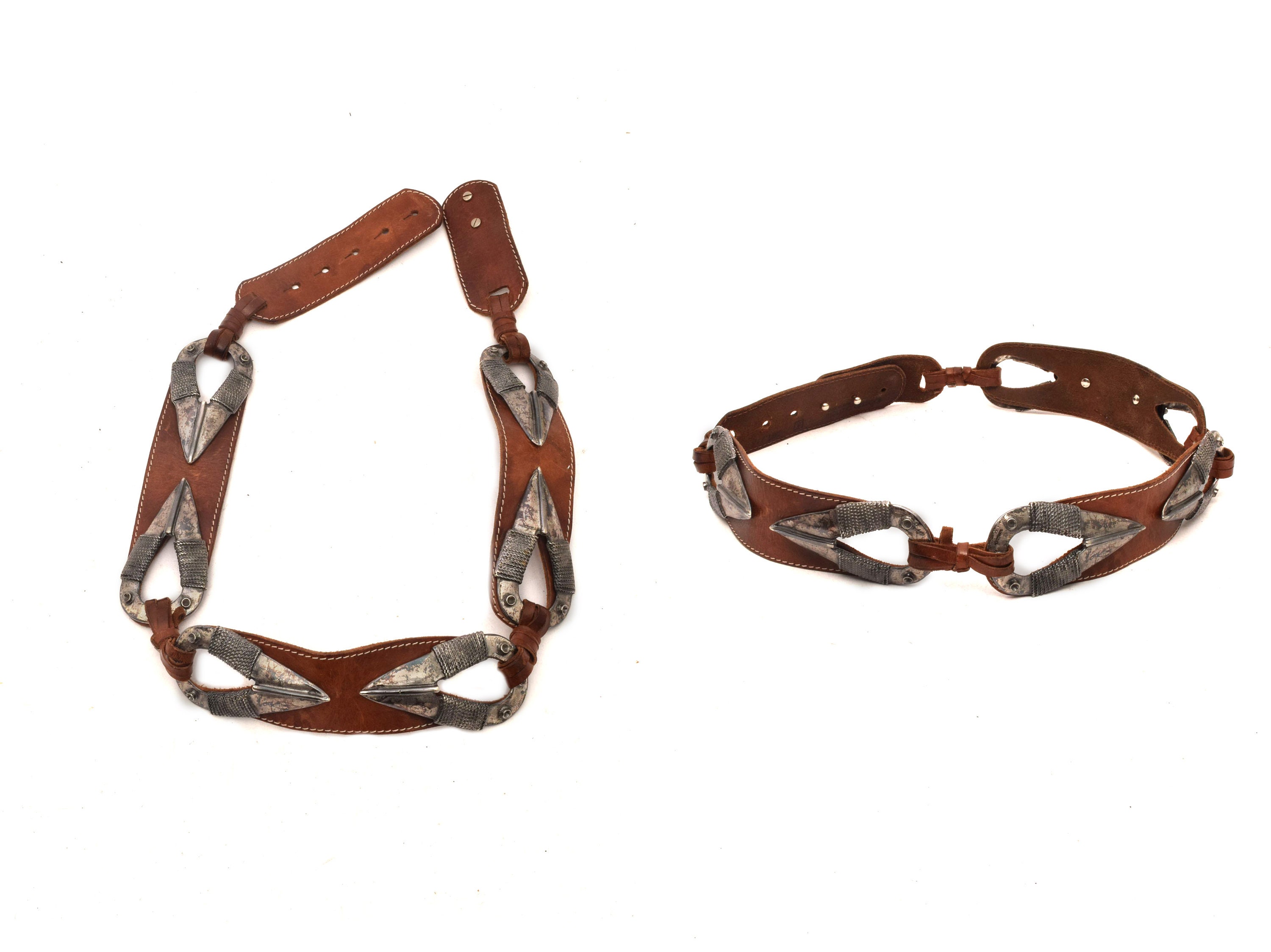 Vintage 90's Brown Real Leather Belt With Drop Shape Silver